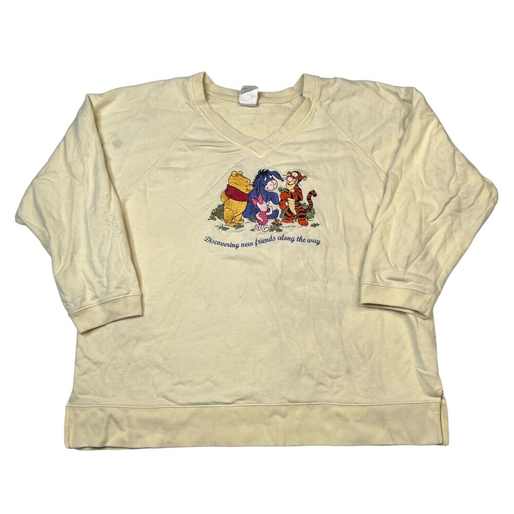 Disney VTG Y2K Embroidered Winnie The Pooh V-Neck Sweatshirt FLAW Beige XL